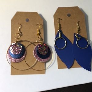 2 pair of earrings gold multi hoops and blue leaf